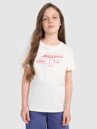 4F JUNIOR Dziewczęcy tshirt z nadrukiem 4F 4FJRAW25TTSHF318911S  biały Biały