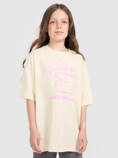 4F JUNIOR Dziewczęcy tshirt oversize z nadrukiem 4F 4FJRAW25TTSHF3197  beżowy Beżowy