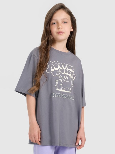 4F JUNIOR Dziewczęcy tshirt oversize z nadrukiem 4F 4FJRAW25TTSHF3197  szary Szary