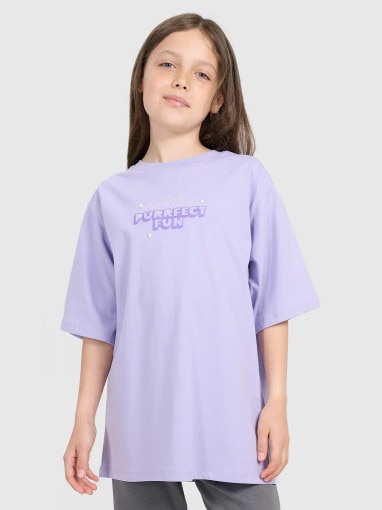 4F JUNIOR Dziewczęcy tshirt oversize z nadrukiem 4F 4FJRAW25TTSHF3200  fioletowy Fioletowy