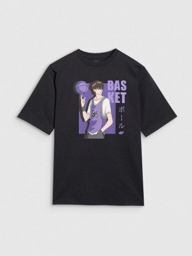 4F JUNIOR Chłopięcy tshirt oversize z nadrukiem 4F 4FJRAW25TTSHM3062  czarny Czarny
