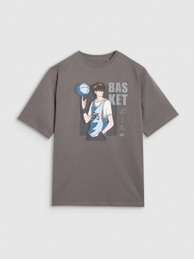 4F JUNIOR Chłopięcy tshirt oversize z nadrukiem 4F 4FJRAW25TTSHM3062  szary Szary
