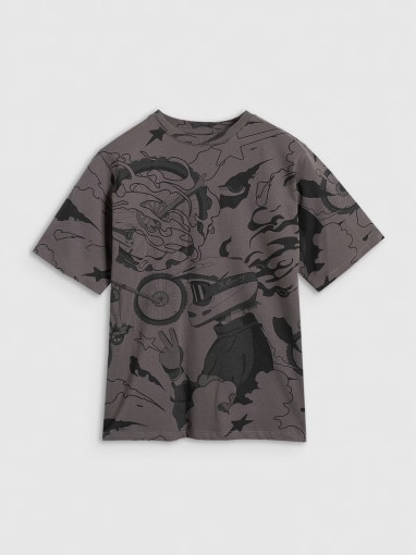 4F JUNIOR Chłopięcy tshirt oversize z nadrukiem 4F 4FJRAW25TTSHM3063 szary Szary