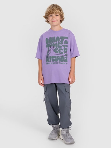 Chłopięcy t-shirt oversize z nadrukiem 4F 4FJRAW25TTSHM3207 - fioletowy