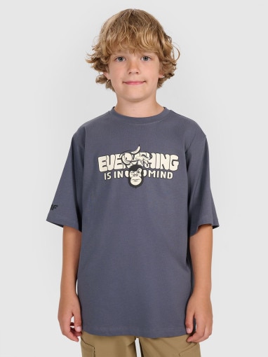 4F JUNIOR Chłopięcy tshirt oversize z nadrukiem 4F 4FJRAW25TTSHM3209  szary Szary