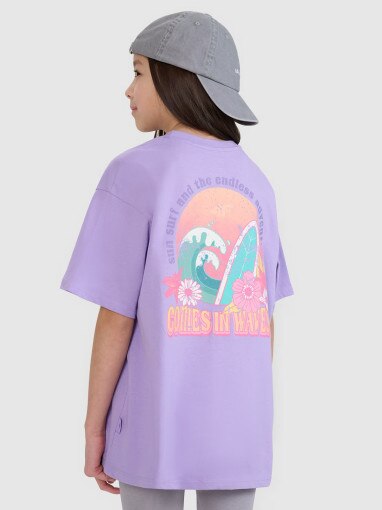 Dziewczęcy t-shirt z nadrukiem 4F 4FJRSS24TTSHF2056 - fioletowy