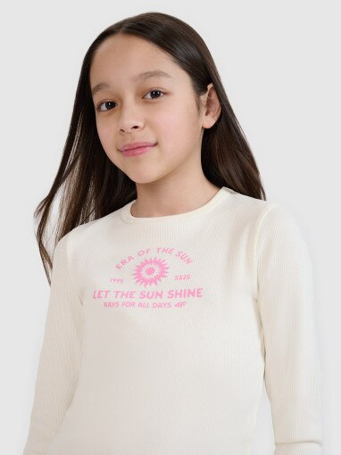 Dziewczęcy longsleeve slim z nadrukiem 4F 4FJRSS25TLONF537 - biały