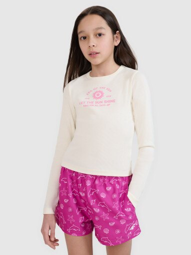 4F JUNIOR Dziewczęcy longsleeve slim z nadrukiem 4F 4FJRSS25TLONF537  biały Biały