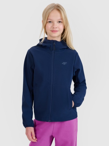 4F JUNIOR Dziewczęcy softshell rozpinany z kapturem 4F 4FJRSS25TSOFU443 granatowy Granatowy