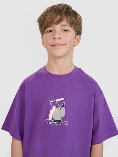 Chłopięcy t-shirt z nadrukiem 4F 4FJRSS25TTSHM2641 - fioletowy