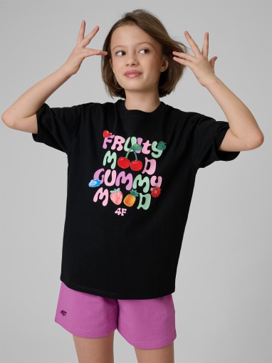  4F JUNIOR Dziewczęcy tshirt z nadrukiem 4F 4FJRSS26TTSHF3828  czarny Czarny