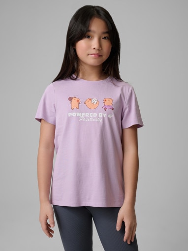  4F JUNIOR Dziewczęcy tshirt z nadrukiem 4F 4FJRSS26TTSHF3869  fioletowy Fioletowy