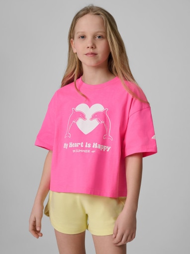  4F JUNIOR Dziewczęcy tshirt z nadrukiem 4F 4FJRSS26TTSHF3908  różowy Rożowy