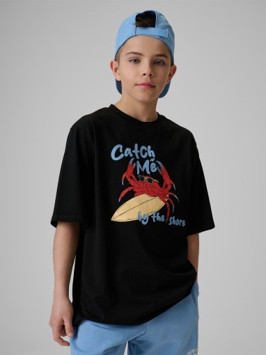  4F JUNIOR Chłopięcy tshirt z nadrukiem 4F 4FJRSS26TTSHM3903  czarny Czarny