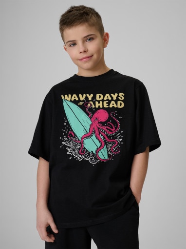  4F JUNIOR Chłopięcy tshirt z nadrukiem 4F 4FJRSS26TTSHM3904  czarny Czarny