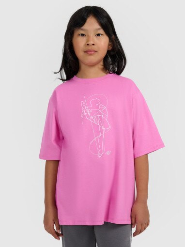 4F JUNIOR Dziewczęcy tshirt oversize z nadrukiem 4F 4FJWAW25TTSHF2395  różowy Różowy