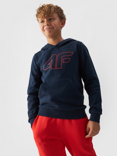 4F JUNIOR Chłopięca bluza dresowa nierozpinana z kapturem 4F 4FJWMM00TSWSM1292  granatowa Granatowy