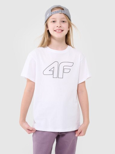 4F JUNIOR Dziewczęca koszulka oversize z nadrukiem 4F 4FJWMM00TTSHF2333 biała Biały