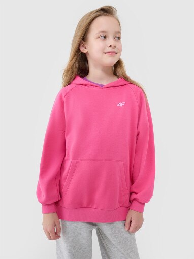 4F JUNIOR Bluza dresowa nierozpinana z kapturem dziewczęca  różowa Różowy