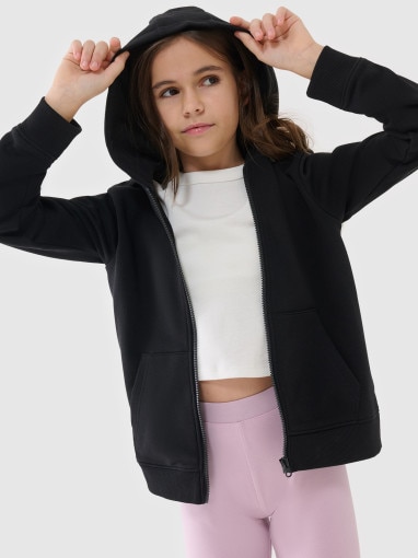 Dziewczęca bluza dresowa rozpinana z kapturem 4F 4FJWSS25TSWSF1706 - czarna