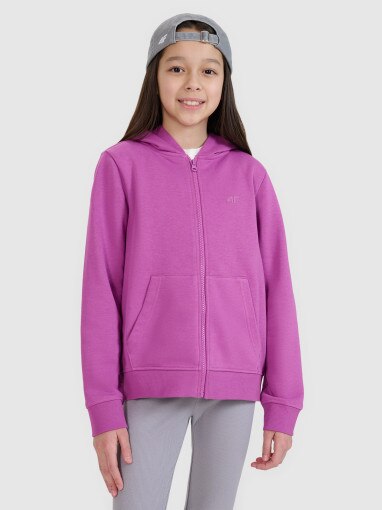 4F JUNIOR Dziewczęca bluza dresowa rozpinana z kapturem 4F 4FJWSS25TSWSF1706  fioletowa Fioletowy
