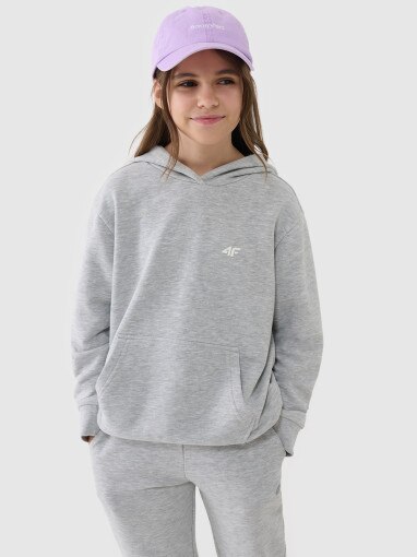 4F JUNIOR Dziewczęca bluza dresowa nierozpinana z kapturem 4F 4FJWSS25TSWSF1707  szara Szary