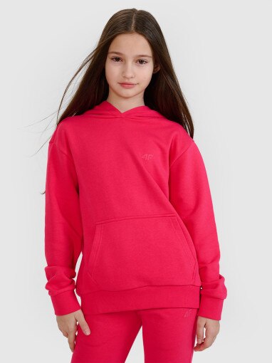 4F JUNIOR Dziewczęca bluza dresowa nierozpinana z kapturem 4F 4FJWSS25TSWSF1707  różowa Różowy