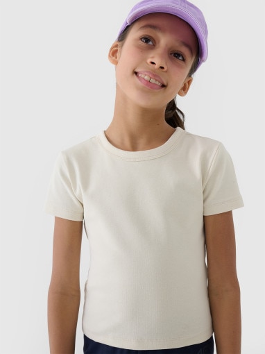 Dziewczęcy top basic t-shirt 4F 4FJWSS25TTSHF1852 - beżowy