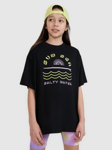 4F JUNIOR Dziewczęcy tshirt z nadrukiem 4F 4FJWSS25TTSHF1870  czarny Czarny