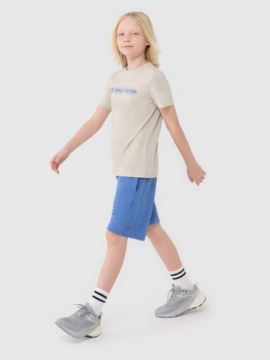 Chłopięcy t-shirt z nadrukiem 4F 4FJWSS25TTSHM2186 - beżowy