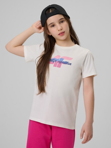  4F JUNIOR Dziewczęcy tshirt z nadrukiem 4F 4FJWSS26TTSHF2885  kremowy Kremowy