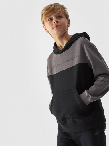 4F JUNIOR Chłopięca bluza dresowa nierozpinana z kapturem 4F  4FJWAW24TSWSM1222  czarna Czarny