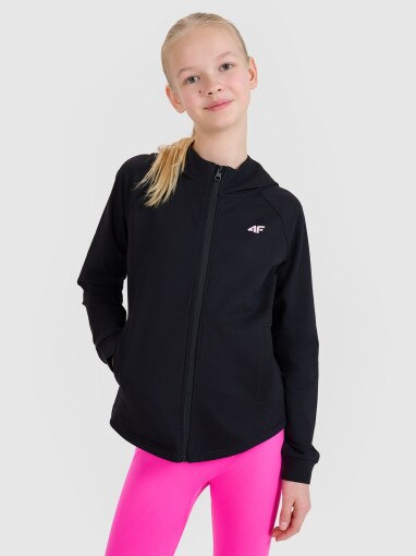 4F JUNIOR Dziewczęca bluza sportowa rozpinana z kapturem 4F 4FJWSS25TFSWF448  czarna Czarny