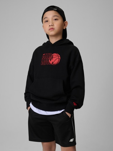  4F JUNIOR Chłopięca bluza dresowa nierozpinana z kapturem 4F 4FJWSS26TSWSM2321  czarna Czarny