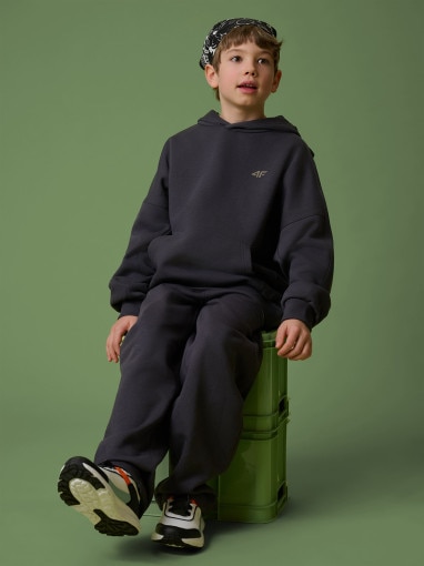  4F JUNIOR Chłopięca bluza nierozpinana z kapturem 4F 4FJRSS26TSWSM2828  szara Szary