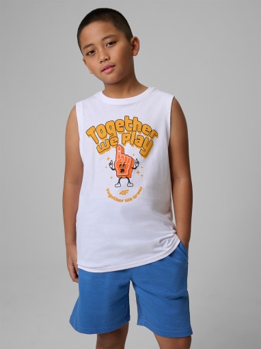  4F JUNIOR Chłopięca koszulka bez rękawów z nadrukiem 4F 4FJWSS26TSLEM295  biała Biały