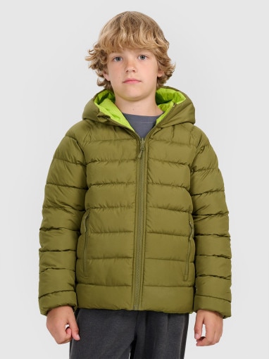4F JUNIOR Chłopięca kurtka puchowa pikowana dwustronna 4F 4FJRAW25TDJAM0790 oliwkowa Khaki