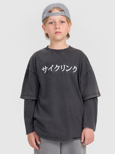 4F JUNIOR Chłopięcy longsleeve z nadrukiem 4F 4FJRAW25TLONM568  szary Szary