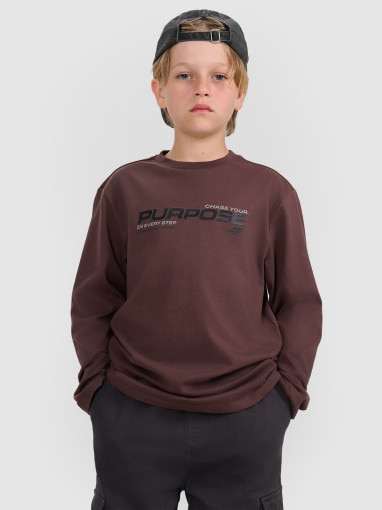 4F JUNIOR Chłopięcy longsleeve z nadrukiem 4F 4FJRAW25TLONM585  brązowy Brązowy