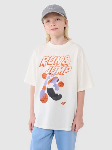 4F JUNIOR Chłopięcy tshirt oversize z nadrukiem 4F 4FJASAW24TTSHM2596  biały Biały