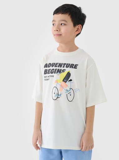 Chłopięcy t-shirt oversize z nadrukiem 4F 4FJASAW24TTSHM2596 - biały