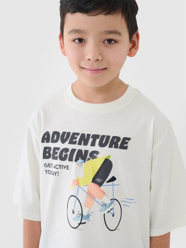 4F JUNIOR Chłopięcy tshirt oversize z nadrukiem 4F 4FJASAW24TTSHM2596  biały Biały