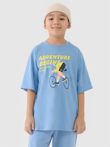 4F JUNIOR Chłopięcy tshirt oversize z nadrukiem 4F 4FJASAW24TTSHM2596  niebieski Niebieski