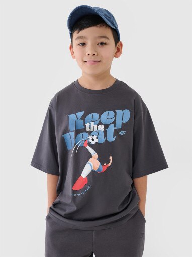 4F JUNIOR Chłopięcy tshirt oversize z nadrukiem 4F 4FJASAW24TTSHM2596  szary Szary