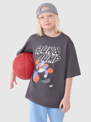 4F JUNIOR Chłopięcy tshirt oversize z nadrukiem 4F 4FJASAW24TTSHM2596  szary Szary