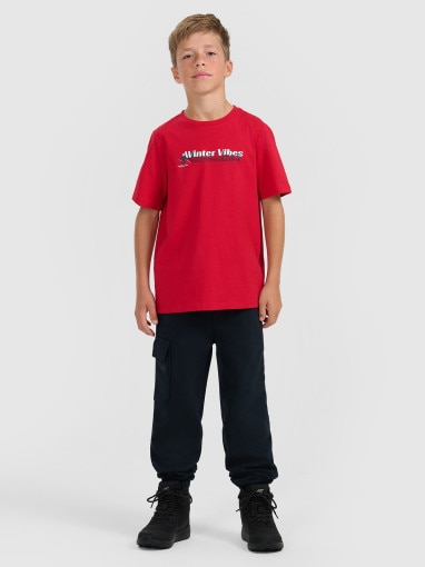 Chłopięcy t-shirt z nadrukiem 4F 4FJRAW25TTSHM3168 - czerwony