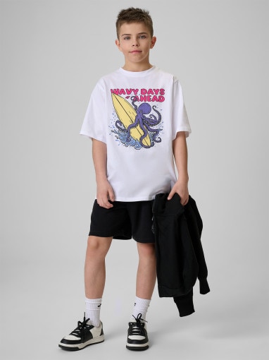 Chłopięcy t-shirt z nadrukiem 4F 4FJRSS26TTSHM3904 - biały