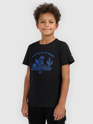  4F JUNIOR Chłopięcy tshirt z nadrukiem 4F 4FJWSS26TTSHM2815  czarny Głęboka czerń
