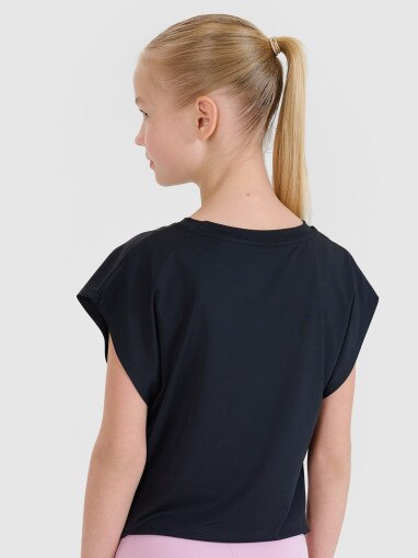 Dziewczęcy crop top sportowy z nadrukiem 4F 4FJWSS25TFTSF1184 - czarny
