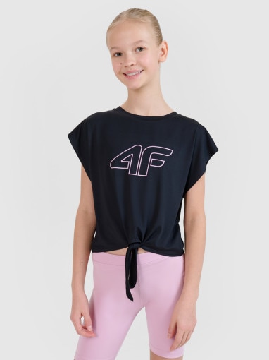 4F JUNIOR Dziewczęcy crop top sportowy z nadrukiem 4F 4FJWSS25TFTSF1184  czarny Czarny